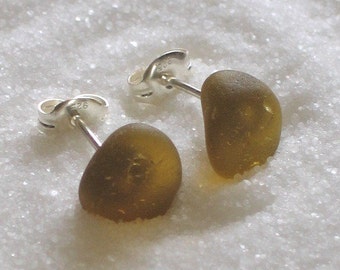 Natural Sea Glass Sterling Silver Studs Post Earrings Honey Gold