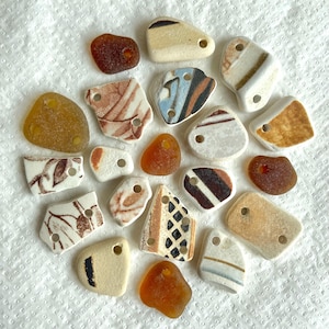20 Sea pottery and sea glass charms and connectors, Drilled 2.5mm holes, Jewellery making and beading supplies, Mermaids treasure, Brown