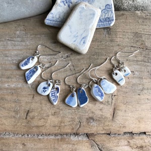 Genuine Sea Pottery Sterling Silver Earrings Natural Surf Tumbled Sea Beach Pottery Any Occasion Blue and White Earrings Jewellery Gift
