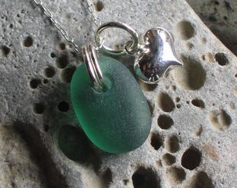 Rare Sea Green Sea Glass Sterling Silver Puffed Heart Pendant Necklace Valentine  Gift Genuine Beach Glass Jewellery gift