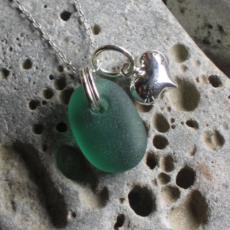 Rare Sea Green Sea Glass Sterling Silver Puffed Heart Pendant Necklace Valentine Gift Genuine Beach Glass Jewellery gift image 1