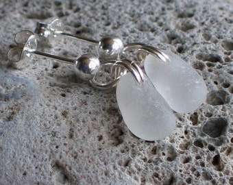 Natural Sea Glass Sterling Silver Studs Post Earrings Soft White Glow