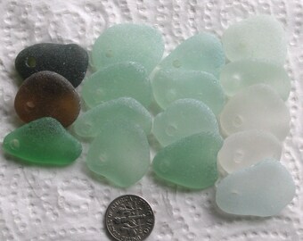 16 Large Sea Glass Dangles Top Drilled 3mm holes Natural Surf Tumbled Sea Beach String Beads Art and Craft Supplies Mixed Colours