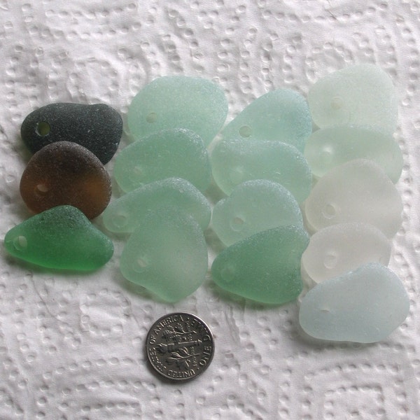 16 Large Sea Glass Dangles Top Drilled 3mm holes Natural Surf Tumbled Sea Beach String Beads Art and Craft Supplies Mixed Colours