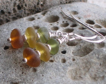 Natural Sea Glass Sterling Silver Earrings Autumn Colors