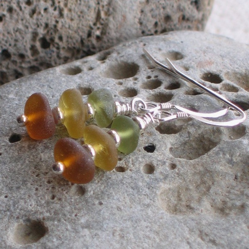 Natural Sea Glass Sterling Silver Earrings Autumn Colors image 1