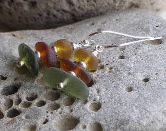 Natural Sea Glass Sterling Silver Earrings Autumn Colours