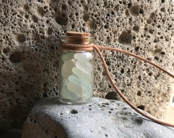 Sea Glass in a Bottle Large Pendant Necklace Soft Pastel Seafoam Aqua and White