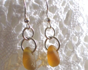 Natural Sea Glass Sterling Silver Drop Earrings Warm Honey Gold