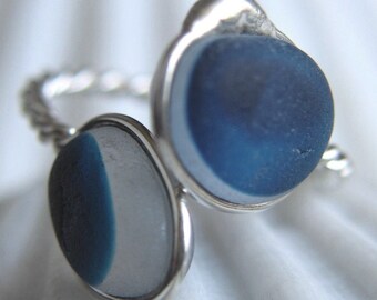 Natural Sea Glass Sterling Silver Ring Multicolor Blue US 12  1/4