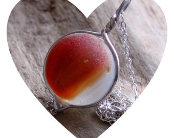 Red Sea Glass Marble Sterling Silver Pendant Necklace Valentine Gift Natural Surf Tumbled Genuine Rare Red and White Beach Glass Marble