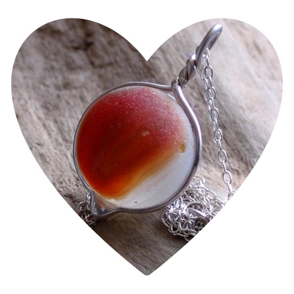 Red Sea Glass Marble Sterling Silver Pendant Necklace Valentine Gift Natural Surf Tumbled Genuine Rare Red and White Beach Glass Marble