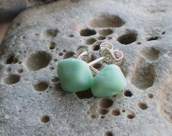 Pastel Green Milk Glass Sea Glass Sterling Silver Studs Post Earrings