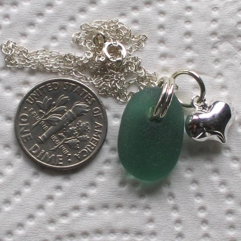 Rare Sea Green Sea Glass Sterling Silver Puffed Heart Pendant Necklace Valentine Gift Genuine Beach Glass Jewellery gift image 3