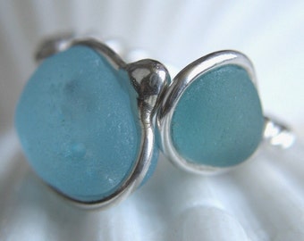 Natural Sea Glass Sterling Silver Ring Bubbley Aqua Blue and Seafoam US 9 1/4