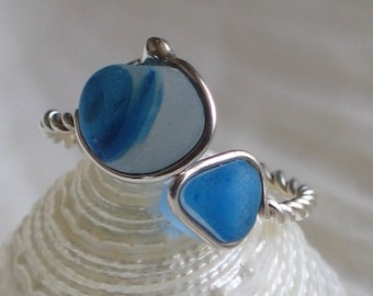 Natural Sea Glass Sterling Silver Ring Rare Royal blue multicolor  US 10 1/2