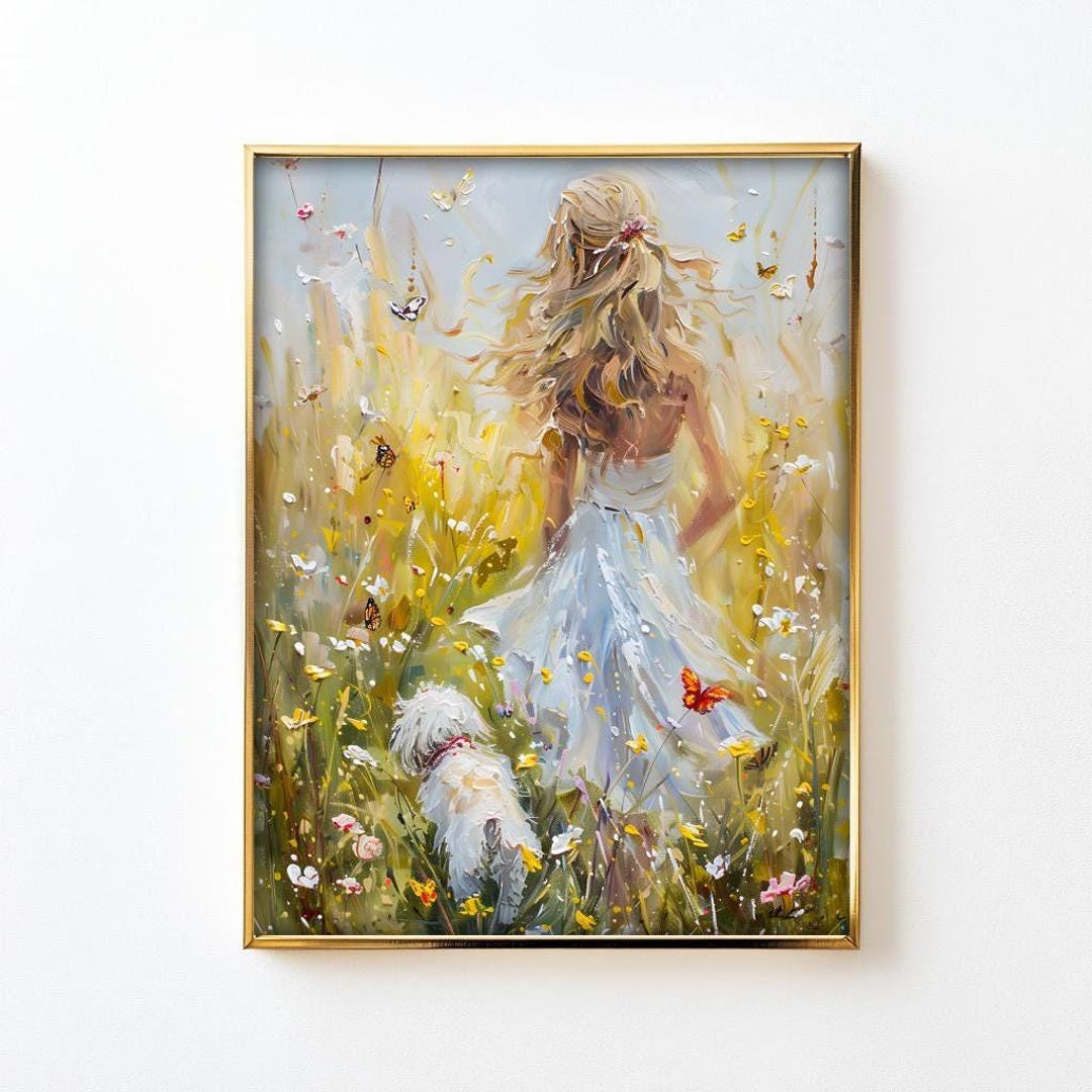 Vintage Woman Painting Maltese Dog Gold Pet Portrait Art Digital ...