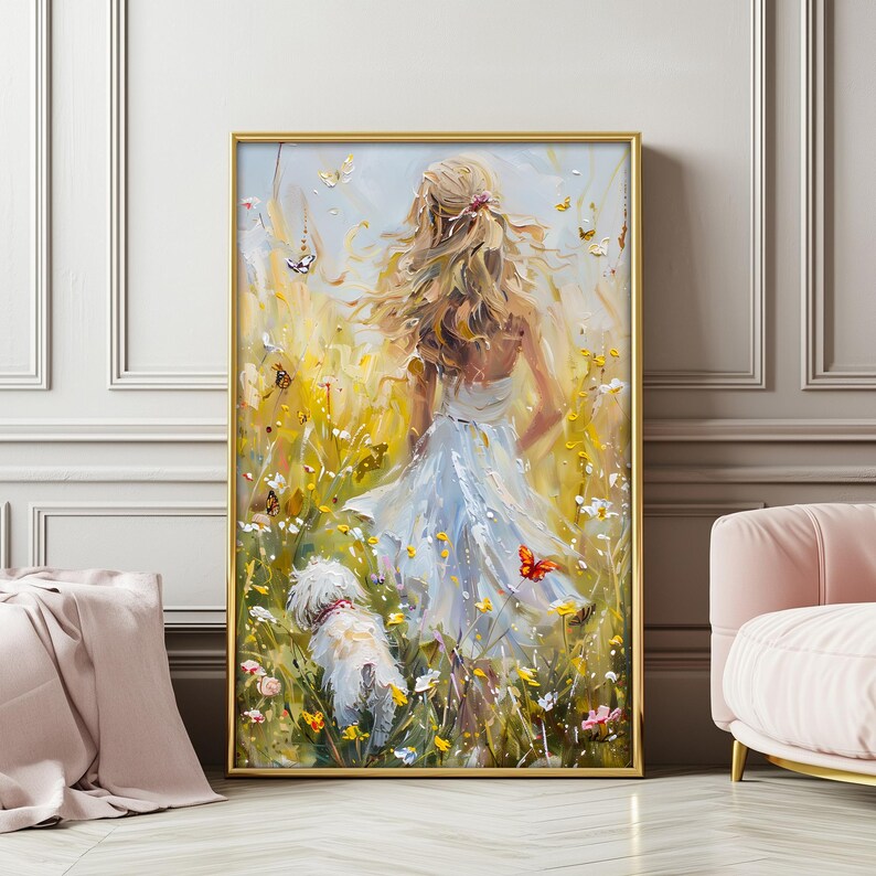 Vintage Woman Painting Maltese Dog Gold Pet Portrait Art Digital ...
