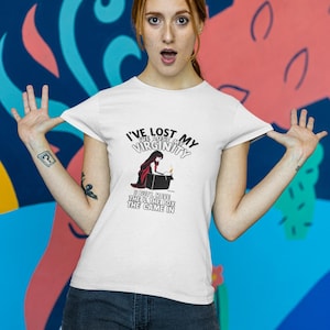 Funny Virginity Pun Graphic Tee, Ironic Joke T-Shirt for Adults, Sarcasm Quote Shirt, Humorous Apparel Top