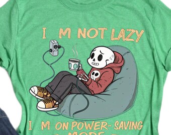 Power-Saving Mode Humor T-Shirt, Funny Skeleton Shirt, Relaxed Gamer Skeleton Tee, Cozy Humor Unisex Shirt, Gamer Tee Gift, Coffee Lovers