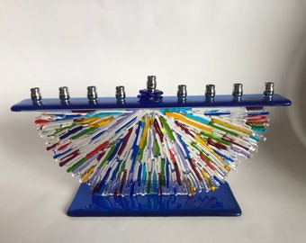 Rainbow Strip Fused Glass Menorah