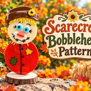 May include: A glass scarecrow figure with a brown hat, yellow hair, blue eyes, and a red body with patches, standing on a wood slice base. Next to it is a sign with the text Scarecrow Bobblehead Pattern, decorated with a sunflower and leaves.