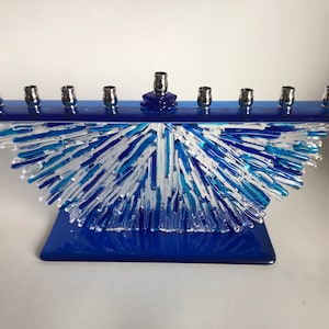 Blue Strip Fused Glass Menorah