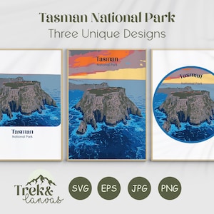 May include: Three framed prints featuring the Tasman National Park. Each print showcases a unique design of a rocky island in the ocean, with the text "Tasman National Park". The prints are in a gold frame.