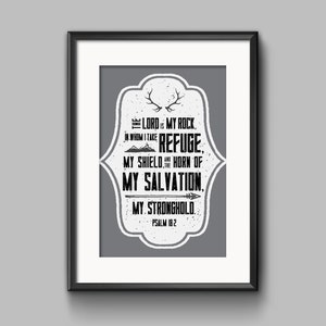 DIY Gray The Lord is My Refuge Religious Printable Word Art 8x10 - Typography - Psalm 18 - Instant Download - Antlers - Mountains - Arrow