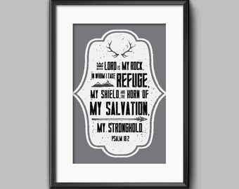 DIY Gray The Lord is My Refuge Religious Printable Word Art 8x10 - Typography - Psalm 18 - Instant Download - Antlers - Mountains - Arrow