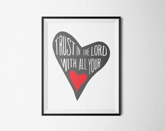 DIY Red Trust in the Lord with All Your Heart Religious Printable Word Art 8x10 - Typography - Proverbs 3 - Instant Download - Love