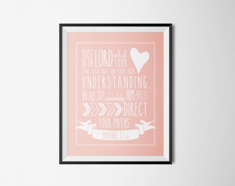 DIY Blush Pink Trust in the Lord with All Your Heart Religious Printable Word Art 8x10 - Typography - Proverbs 3 - Instant Download