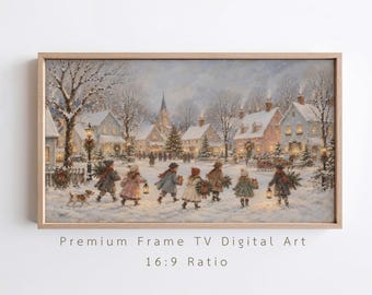 Vintage kerstdorpje als tv-decoratie, rustiek winterlandschap (digitaal bestand)
