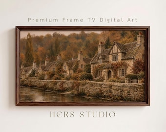 Herbstliche Dorflandschaft als TV-Kunst, rustikale Landhausdekoration (Digitaler Download)