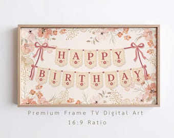 Bloemen verjaardag tv-decoratie, roze vintage feestdecoratie (digitale download)