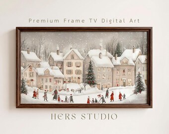 Vintage kerstdorp digitale kunst: Gezellig wintertafereel voor Samsung Frame TV (digitale download)