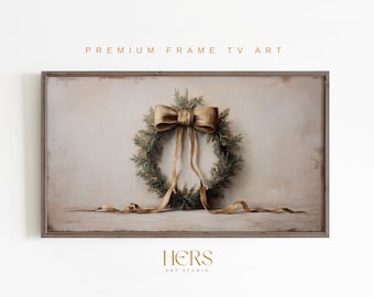 Neutral Christmas Wreath Frame TV Art: Gold Ribbon (Digital Download)