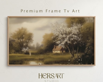 Vintage Landscape Frame TV Art, Moody Cottage Lake Painting (Digital Download)