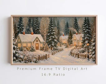 Vintage kerstdorp tv-kunst, besneeuwd hutlandschap (digitaal bestand)