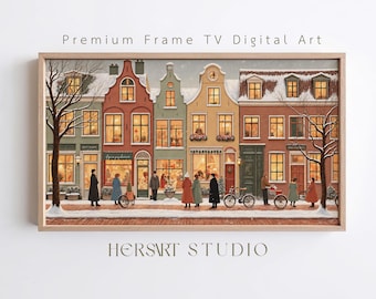 Vintage Europese kerststraatkunst, besneeuwd dorpsgezicht (digitale download)