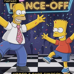 May include: Coloring book cover featuring Homer and Bart Simpson dancing. The title "Simpsons Dance-Off" is displayed in neon-style lettering. The cover includes the text "Unique Colorbook Full of Fantasy!" and "Homer & Bart Simpson Dancing with Famous Cartoons Colorbook."