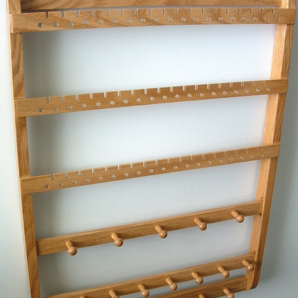 Wooden Oak Jewelry Holder, Earring Organizer, Boutique Quality & Design, 2 Necklace Bars, 1 Bracelet Bar, 54-108 Pairs, Honey, Ships 9/19