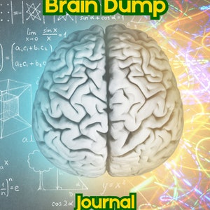 Może przedstawiać: Ilustracja mózgu z tekstem "Brain Dump Journal" nałożonym na tło kolorowych równań i wzorów matematycznych.