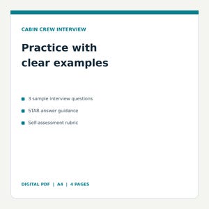 Puede incluir: Un documento PDF digital blanco titulado Cabin Crew Interview Practice with clear examples. Enumera 3 preguntas de entrevista de muestra, guía de respuestas STAR y una rúbrica de autoevaluación. El documento es tamaño A4 y tiene 4 páginas.