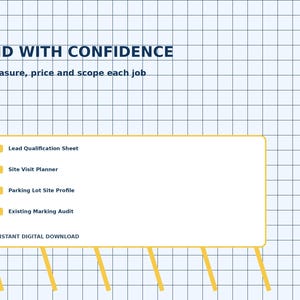 Puede incluir: Una plantilla de documento digital con fondo de cuadrícula que incluye el texto BID WITH CONFIDENCE y Measure, price and scope each job. Enumera Lead Qualification Sheet, Site Visit Planner, Parking Lot Site Profile y Existing Marking Audit.