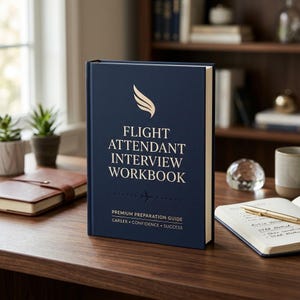 Puede incluir: Un libro de tapa dura azul marino titulado Flight Attendant Interview Workbook con letras doradas y un icono de ala. La portada incluye el texto Premium Preparation Guide, Career, Confidence, Success y un pequeño gráfico de un avión.