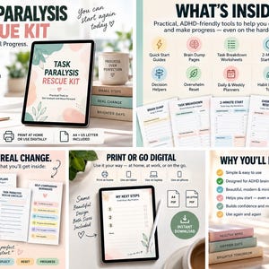 Può includere: Un kit di soccorso per la paralisi da attività con 26 pagine di strumenti adatti all'ADHD, tra cui fogli per il brain dump, schede per la scomposizione dei compiti e tracker delle abitudini, disponibili in formato A4 e US Letter.