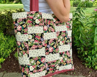 Handmade Quilted Floral Patchwork Tote Bag: Colourful Fabric Shoulder Bag