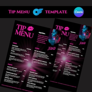 Può includere: Un modello di menu di suggerimenti nero e rosa con la parola "Template" e il logo Canva. Il menu include opzioni per servizi video, foto e sexting. Il testo "XOXO" è visibile.