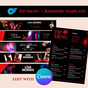 Può includere: Un modello nero e rosso con il testo "TIP MENU + BANNERS TEMPLATE" e "Lisa Morris". Il modello include un menu di suggerimenti e banner con immagini e testo. Il logo Canva è visibile.